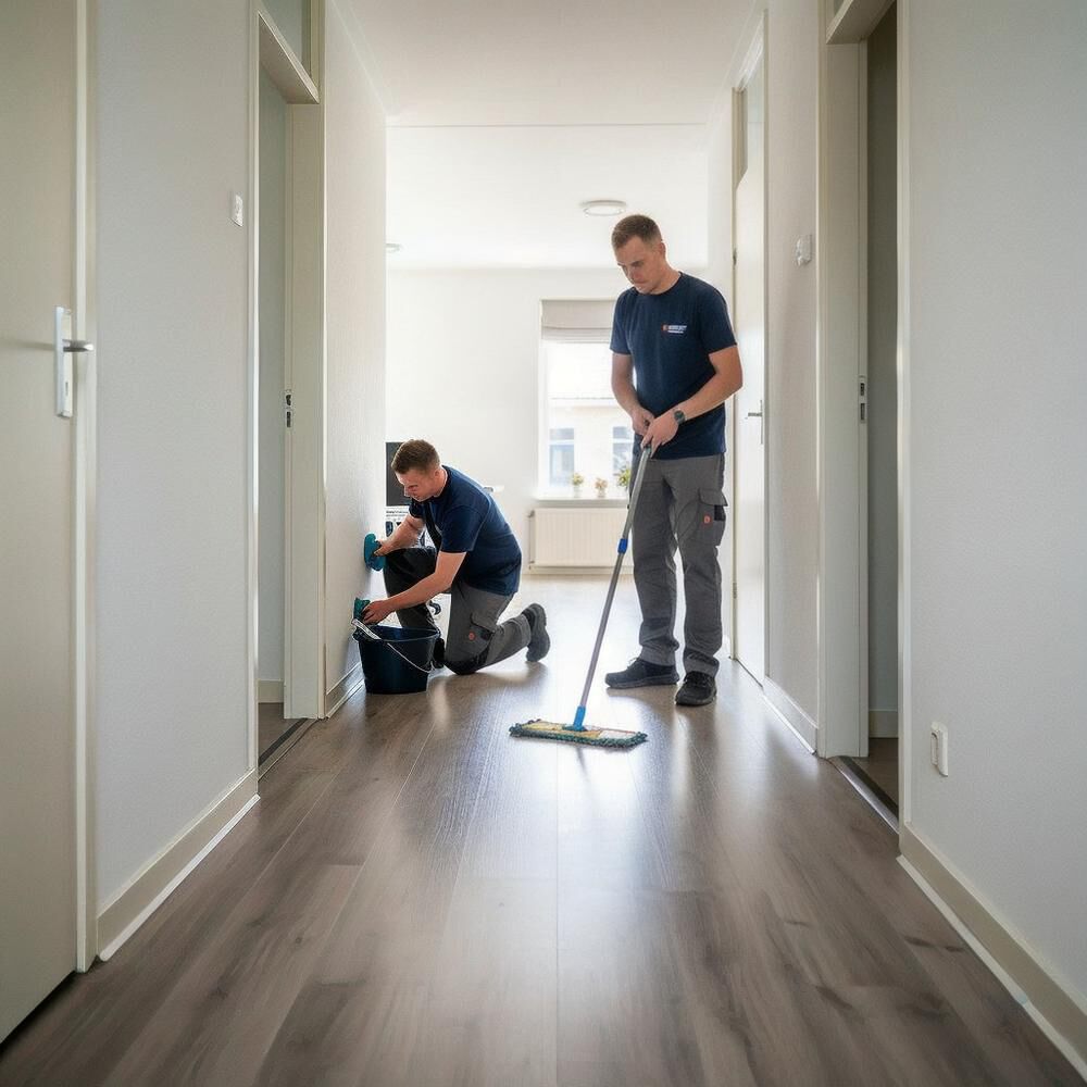 Twee medewerkers van Woningontruiming Den Haan reinigen grondig een lege gang in een eengezinswoning. Eén poetst de plinten, de ander dweilt de vloer, wat de complete en efficiënte schoonmaak na ontruiming benadrukt.