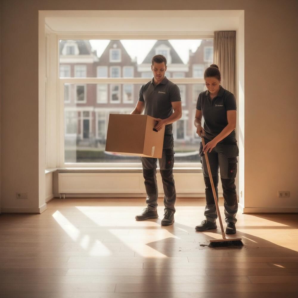 Personeel van Woningontruiming Den Haan maakt lege kamer bezemschoon. Toont afronding en oplevering van de woning.