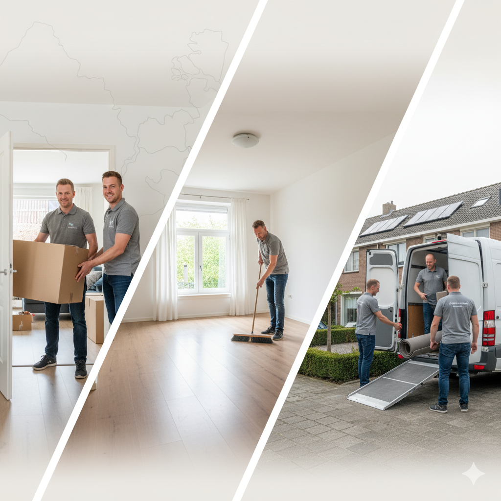 Woningontruiming team bezig: inpakken, bezemschoon vegen, en bus inladen in Zuid-Holland