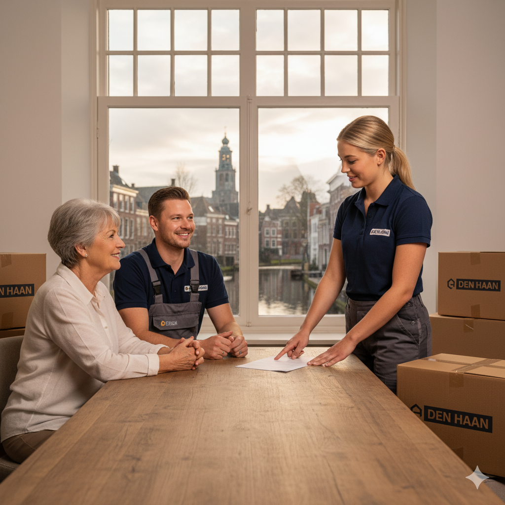 Drie medewerkers in overleg in een rustige omgeving om de werkgebieden in kaart te brengen van Den Haan Woningontruiming