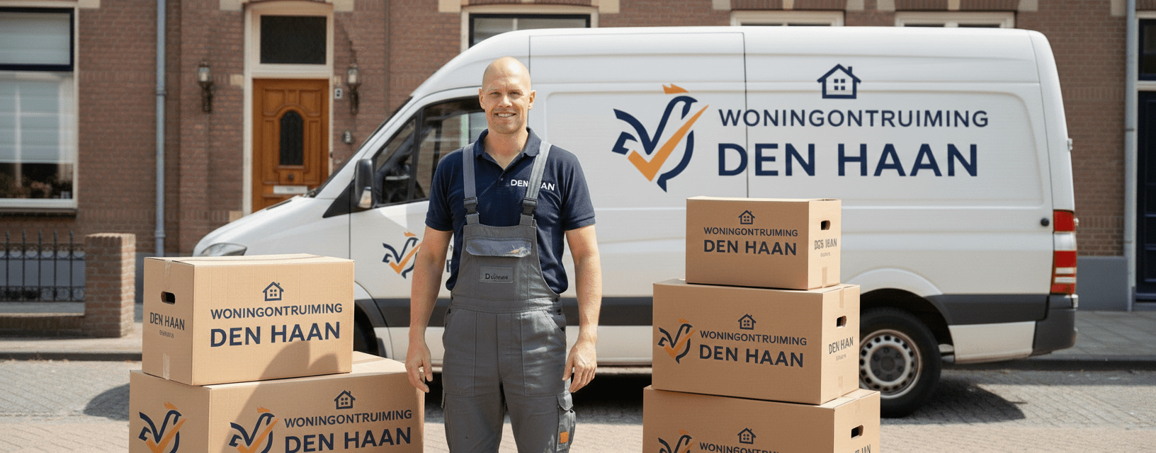 Andy van Woningontruiming Den Haan staat voor de beletterde bedrijfsbus, klaar om een woningontruiming uit te voeren. Toont professionaliteit en direct inzetbaar.