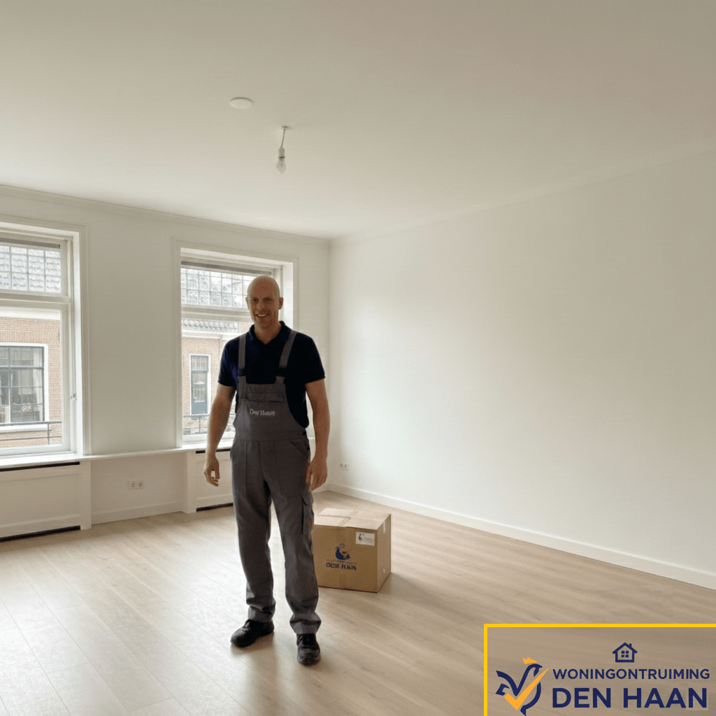 Andy van Woningontruiming Den Haan in leeggehaalde, bezemschone woonkamer met bedrijfslogo. Toont persoonlijke service en tevreden oplevering.