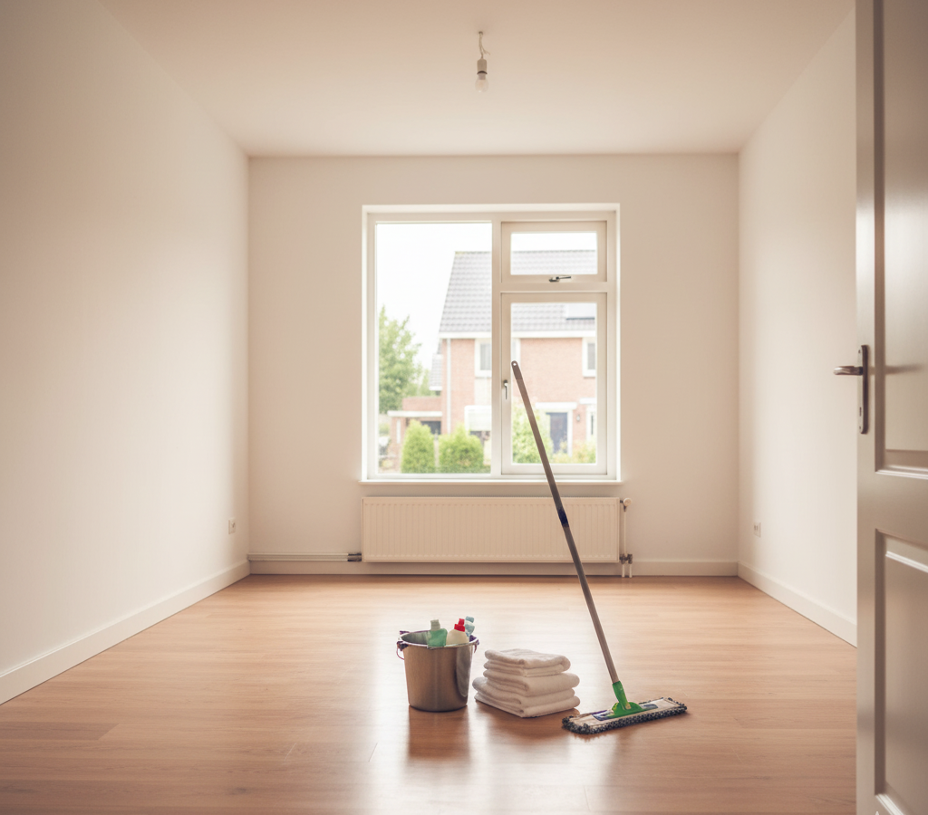 Een perfect gereinigde, lichte en lege keukenruimte na de ontruiming. De glimmende oppervlakken en helderheid benadrukken de hygiënische schoonmaak na ontruiming service van Woningontruiming Den Haan.