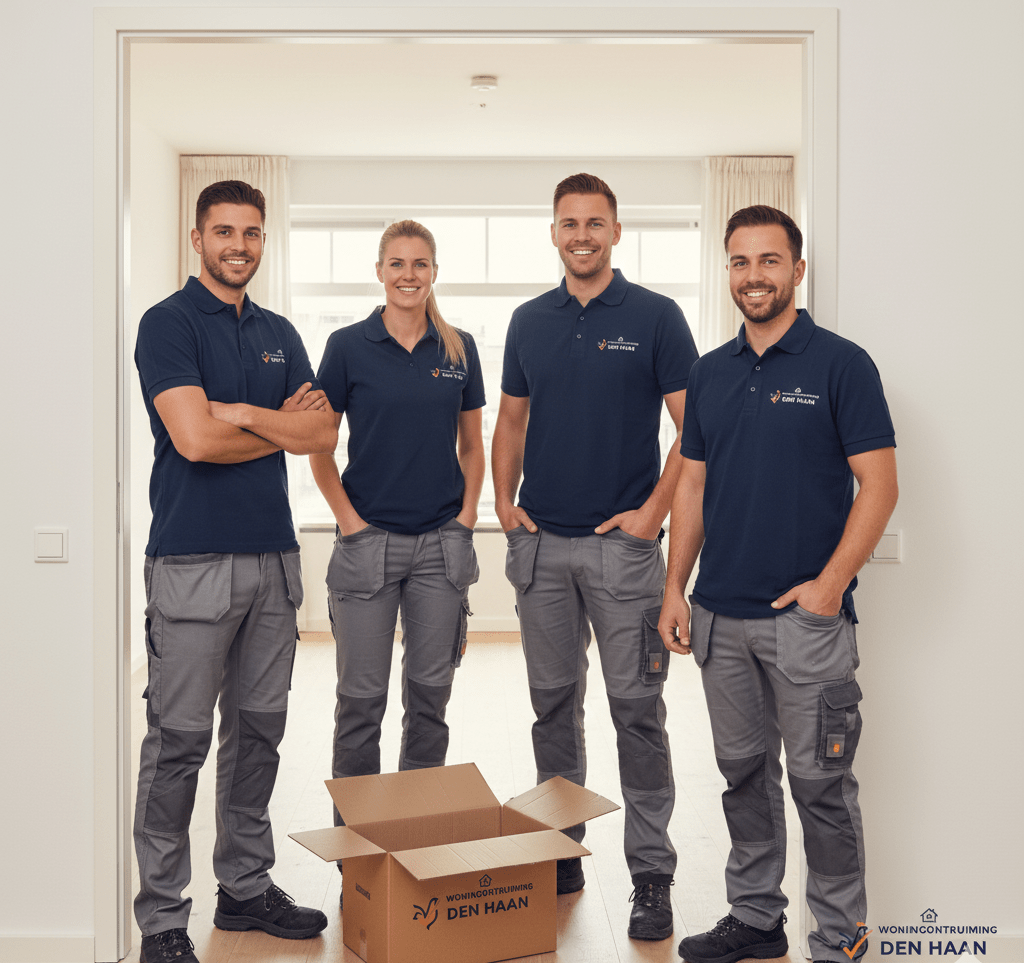 Team Woningontruiming Den Haan - Klaar voor Elke Ontruiming Professioneel team van Woningontruiming Den Haan in werkkleding, klaar voor een project in een leegstaande woning. Toont samenwerking en expertise.