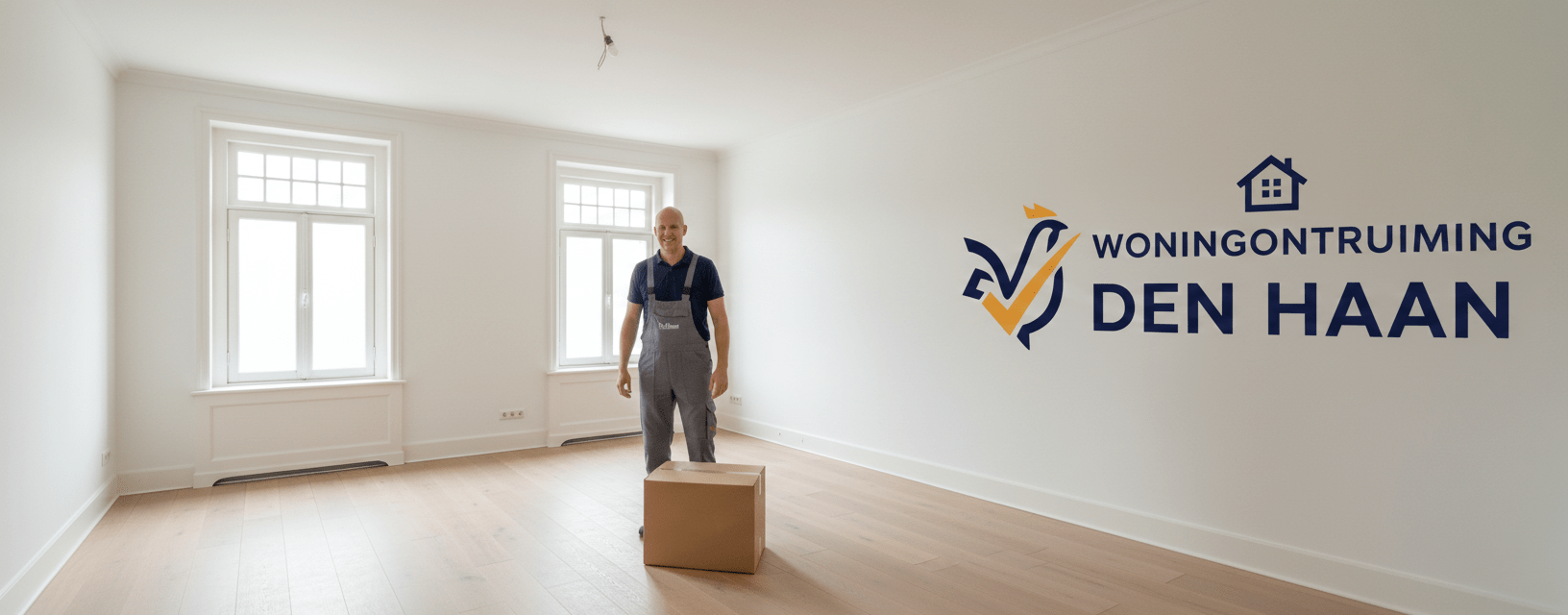 andy-den-haan-ontruiming-service-buiten.jpg Andy van Woningontruiming Den Haan in ontruimde woonkamer met bedrijfslogo op de muur. Illustreert persoonlijk contact en service.
