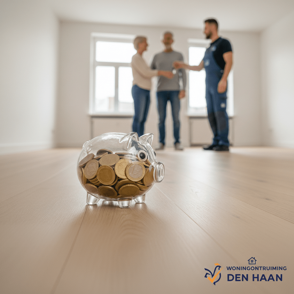 Spaarvarkentje met munten op de vloer, op de achtergrond een tevreden sleuteloverdracht na woningontruiming door Woningontruiming Den Haan. Symboliseert vaste prijs afspraken en tevredenheid.