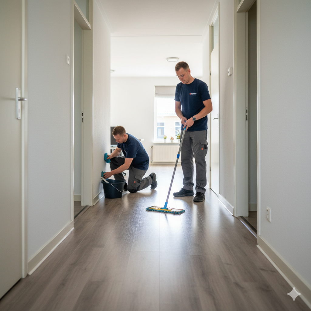 Twee medewerkers van Woningontruiming Den Haan reinigen grondig een lege gang in een eengezinswoning. Eén poetst de plinten, de ander dweilt de vloer, wat de complete en efficiënte schoonmaak na ontruiming benadrukt.