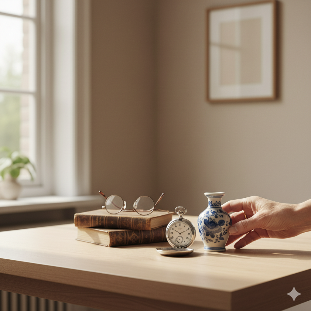 Hand pakt Delfts blauwe vaas op, inboedel taxatie na overlijden