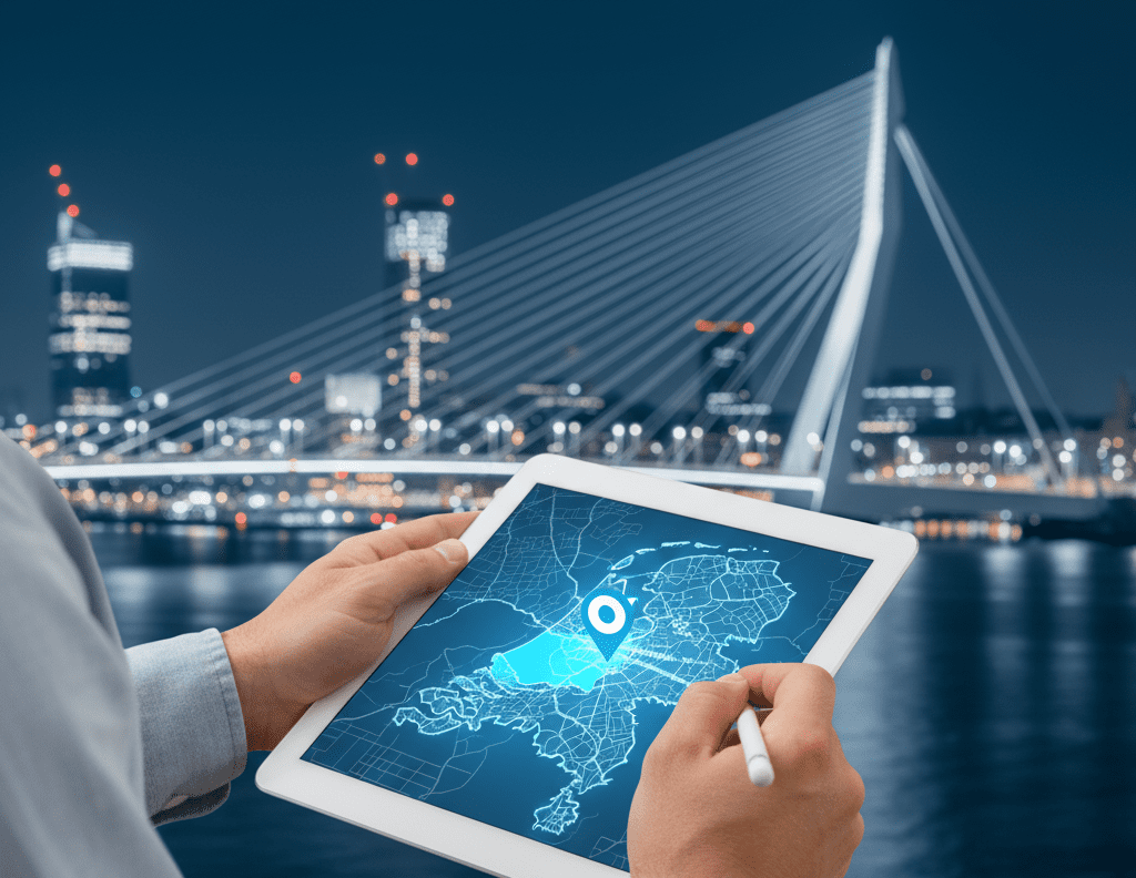 Woningontruiming Den Haan werkgebied in Rotterdam, kaart op tablet met Erasmusbrug