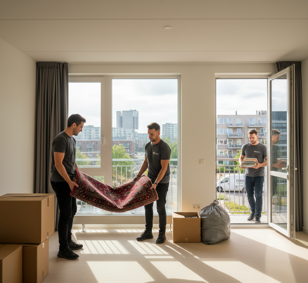 Professionele woningontruimers Den Haan aan het werk in een modern appartement in Rijswijk, met uitzicht op de stedelijke omgeving.