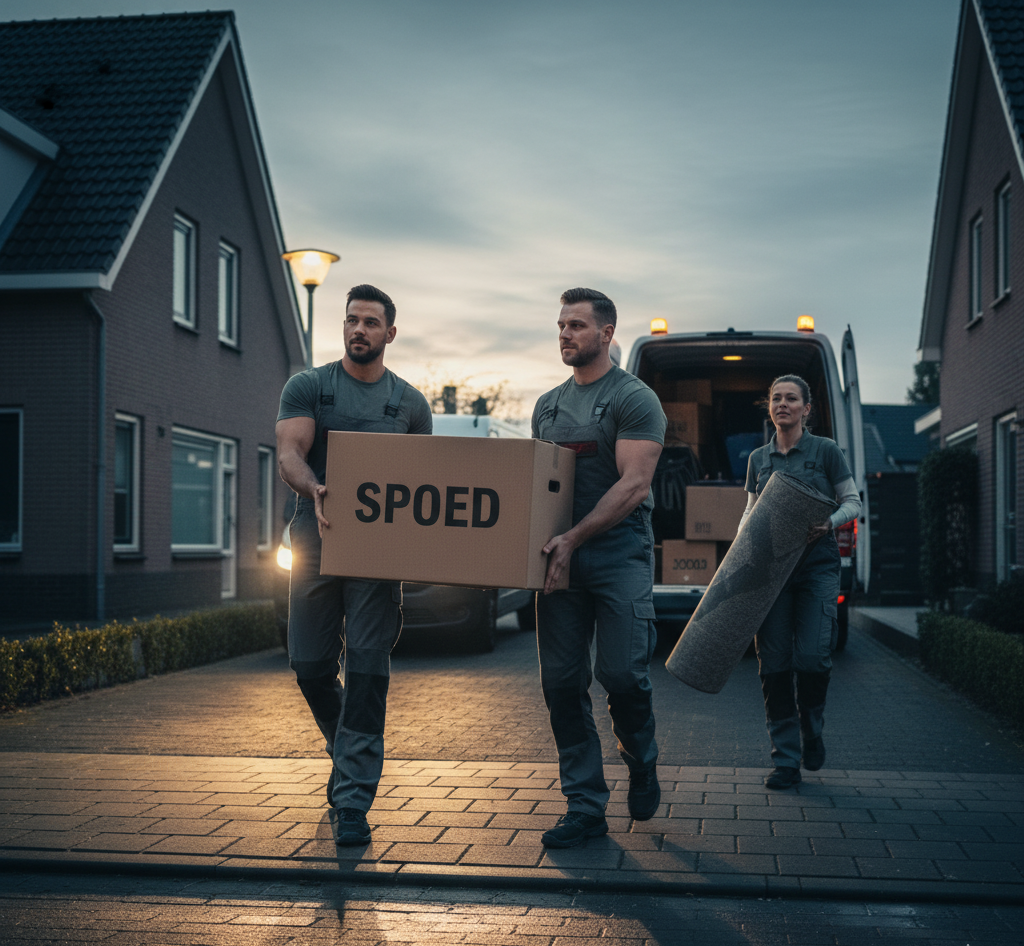 Spoed ontruimingsteam laadt spullen in bij schemering, snelle actie