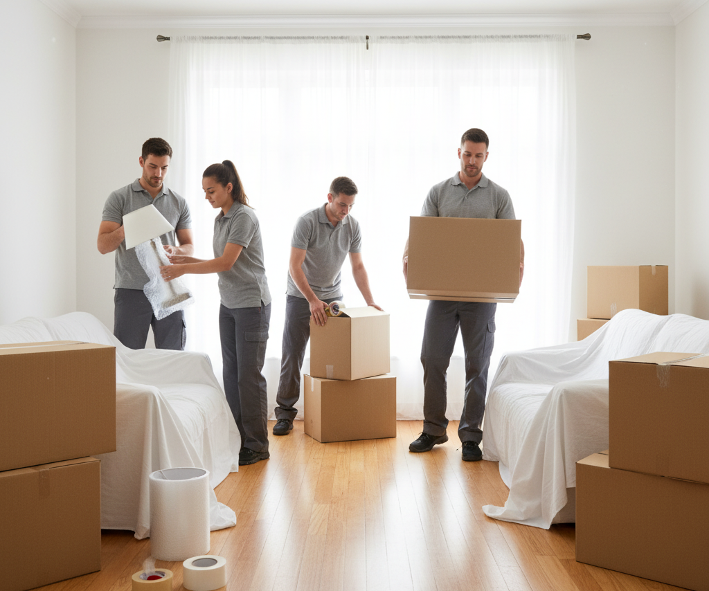 Professioneel team voert volledige woningontruiming uit, inpakken in woonkamer