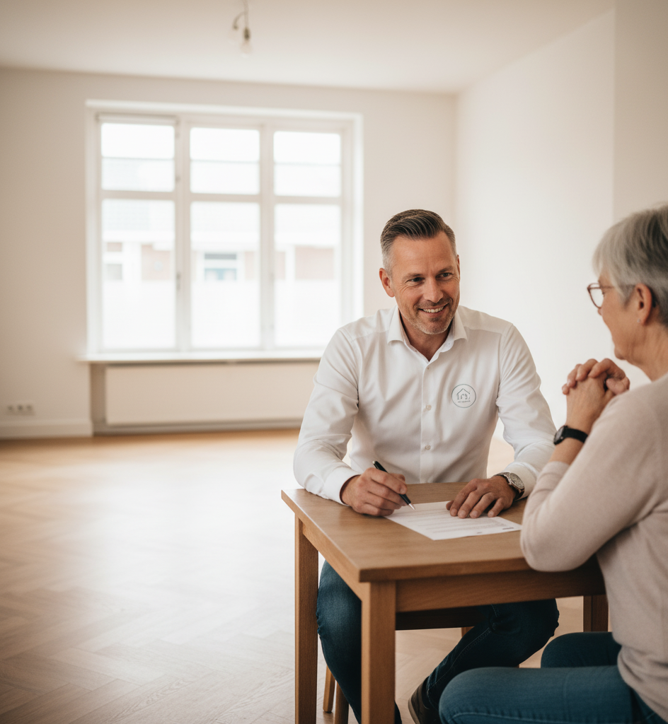 Twee personen schudden elkaar de hand bij een getekend contract, wat de transparante vaste prijsafspraak en geen verrassingen-garantie symboliseert.
