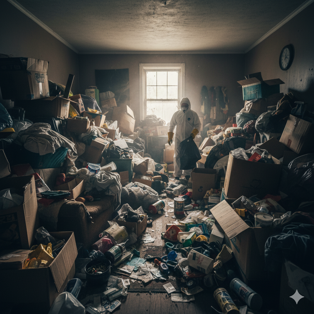 Schoonmaak expert in vervuilde hoarder woning met afval