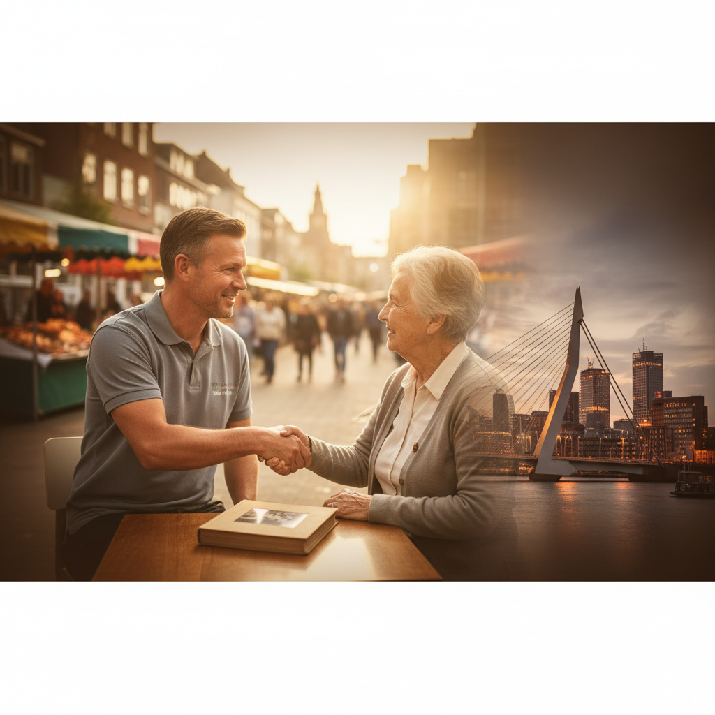 Handdruk tussen klant en woningontruimer, Rotterdams symbool van vertrouwen en service