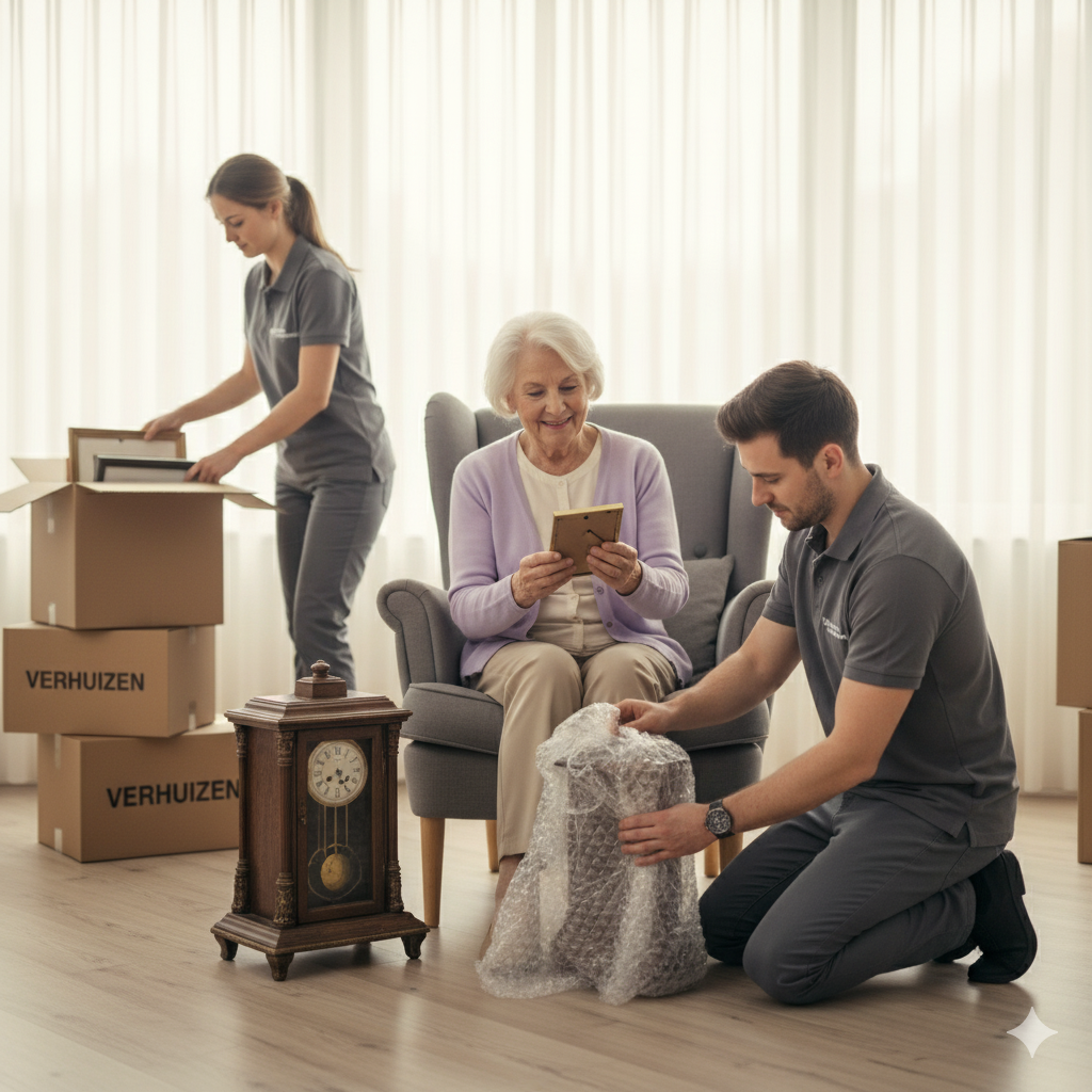 Zorgeloze seniorenverhuizing en ontruiming van zorgkamers Seniorenverhuizing: medewerker pakt spullen in, oudere vrouw kijkt toe met foto