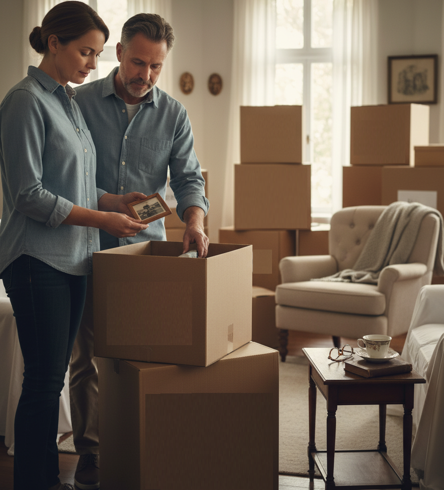 Man en vrouw sorteren eigendommen in dozen bij een woningontruiming na overlijden