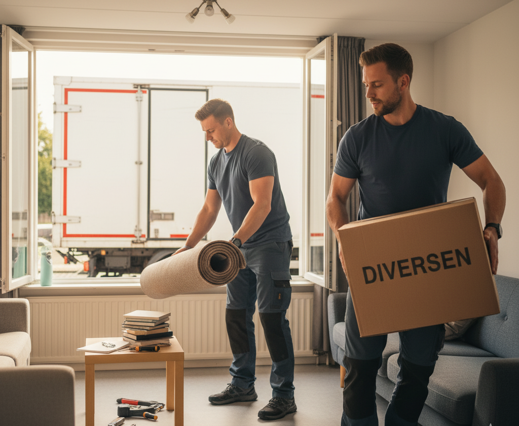 Twee medewerkers van Woningontruiming Den Haan verwijderen inboedel uit een lichte woonkamer. Eén rolt zorgvuldig een vloerkleed op, terwijl de ander een doos met 'DIVERSEN' draagt, wat de efficiënte inboedelverwijdering en georganiseerde aanpak benadrukt.