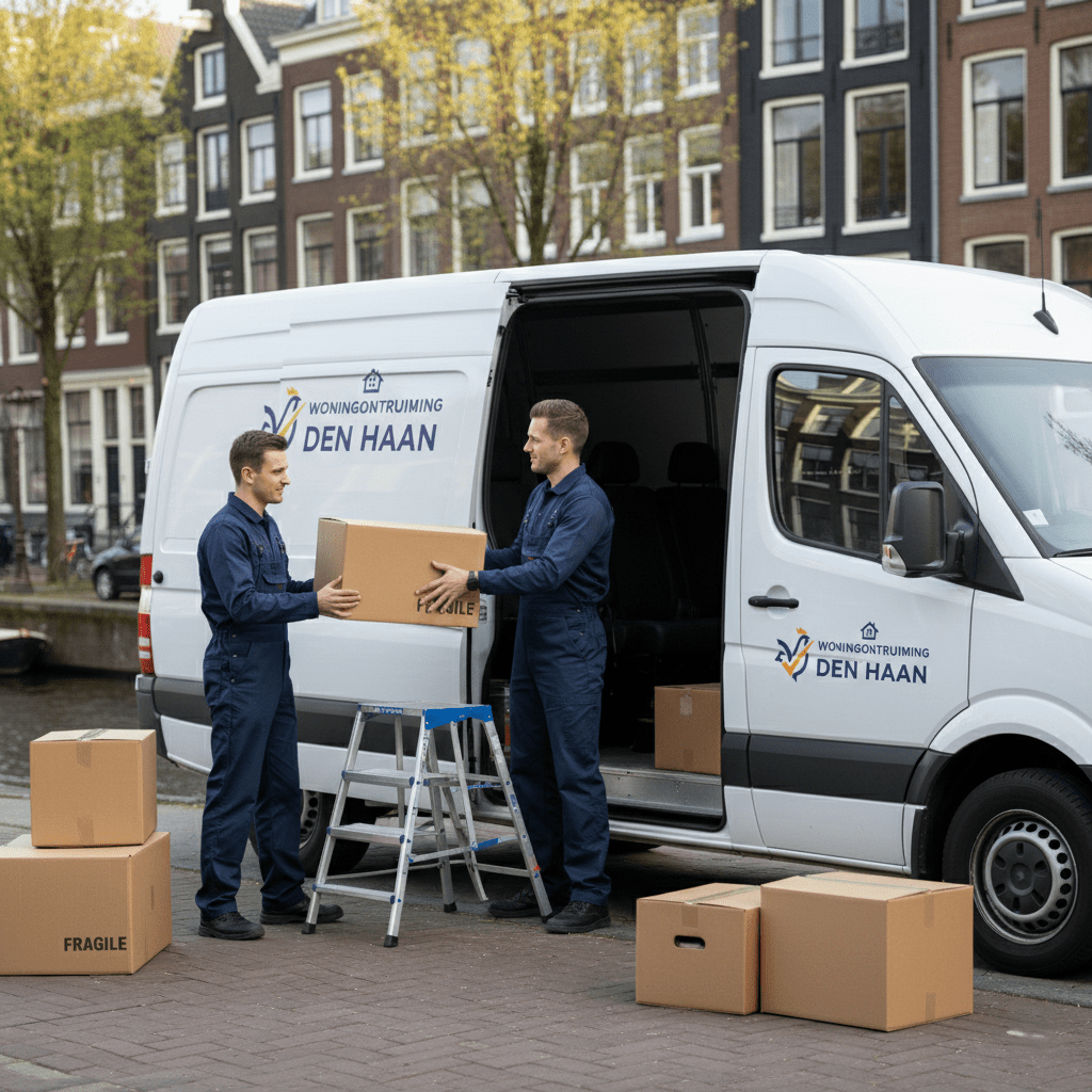 Busje Woningontruiming Den Haan aan de gracht wordt ingeladen door personeel. Toont efficiënte en professionele service.
