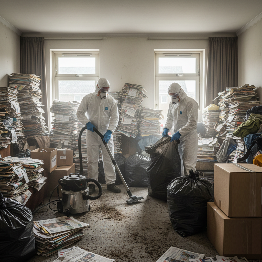 Professionals in beschermende pakken ruimen een extreem vervuilde hoarder woning op met discretie