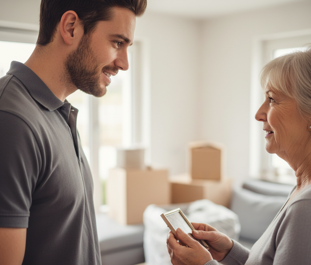 Man en vrouw houden een foto vast tijdens een woningontruiming, met verhuisdozen voor zorgvuldige oplevering