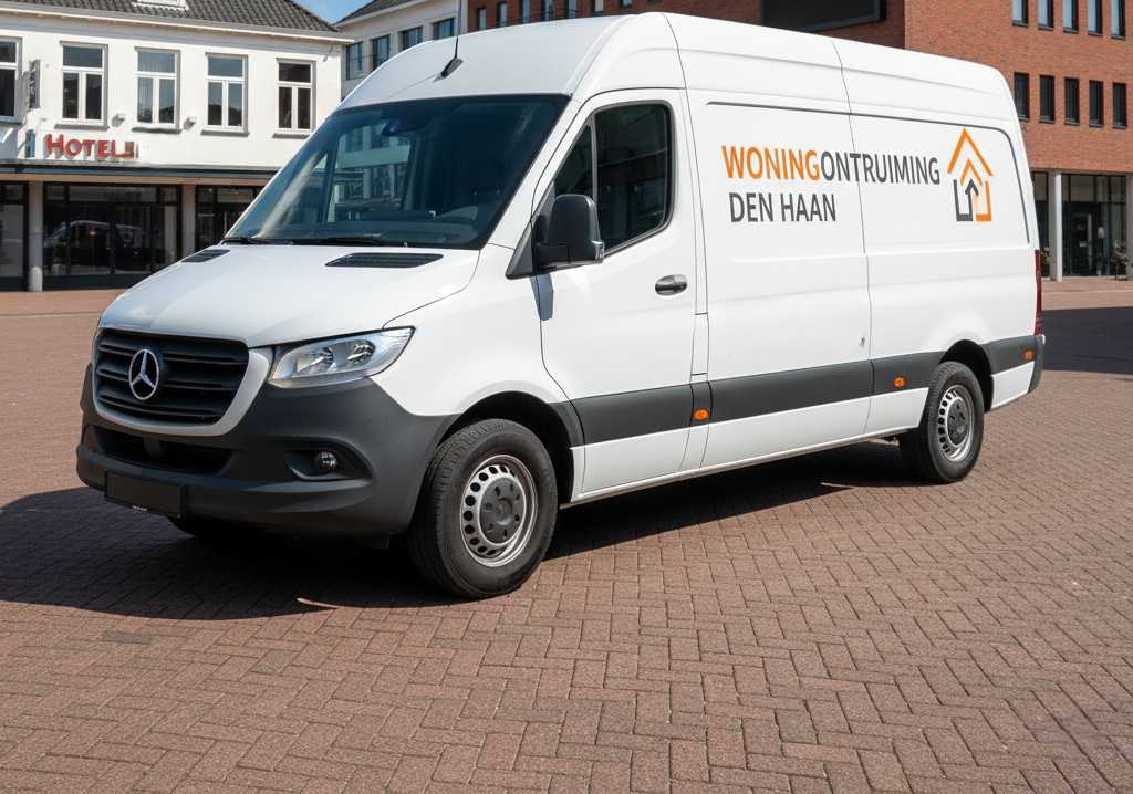 Een moderne witte verhuisbus met het oranje logo en de tekst 'Woningontruiming Den Haan' op de zijkant, geparkeerd op een centrale locatie in Rozenburg.