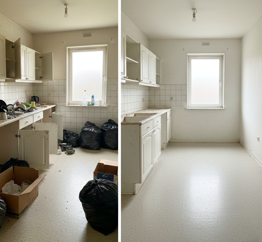 Keuken Ontruimen en Opleveren Keukenontruiming en reiniging voor en na: een hygiënisch resultaat na woningontruiming.