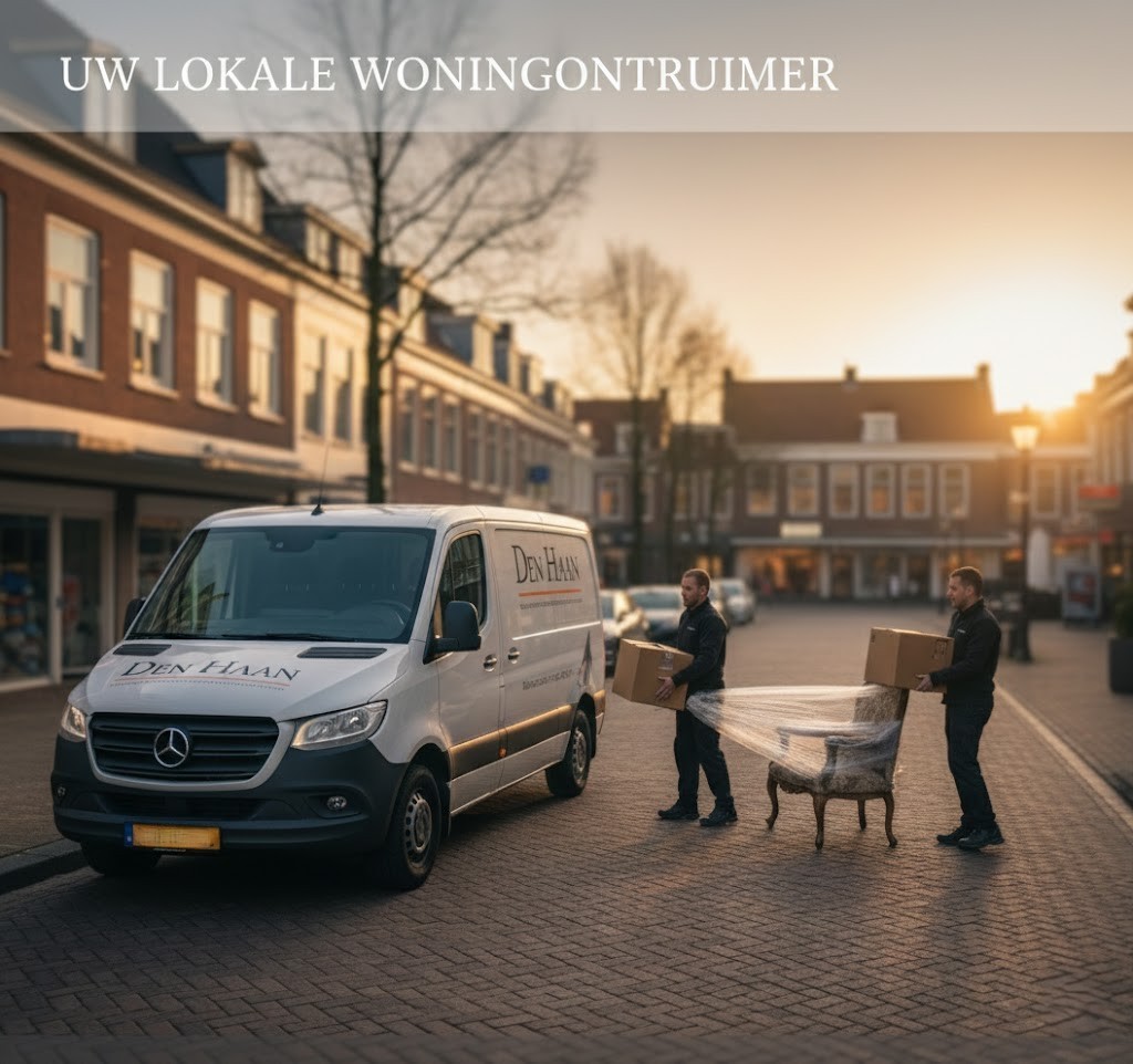 Medewerkers van Woningontruiming Den Haan laden zorgvuldig meubels en inboedel in de witte bedrijfsbus in een woonstraat in Rozenburg.