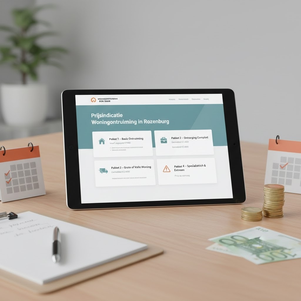 Een overzichtelijke prijslijst en offerteberekening voor woningontruiming op een digitale tablet.